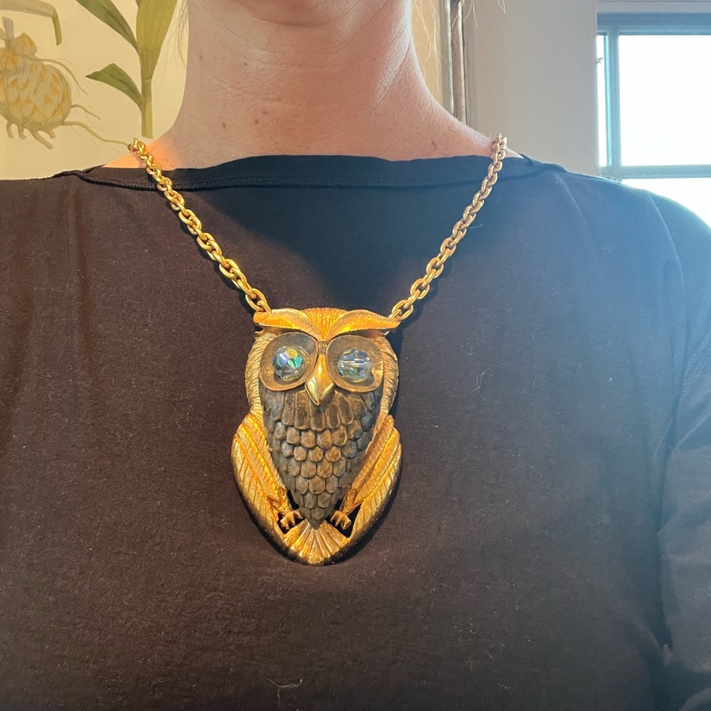 Vintage Gold and Brown Owl Pendant Necklace